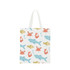 A cotton bag with a white background featuring colourful aquatic creatures like fish, crabs, and bubbles, and has short handles.