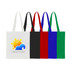 A collection of five long handle cotton bags in white, black, red, blue, and green, featuring a logo on the white bag.