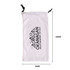 A white sunglasses pouch with a drawstring and logo, measuring 90mm by 180mm.