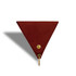 A triangular red coin holder made of leather with a keyring attachment and a brass button.