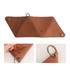 A triangular, tan leather coin holder with brass snaps and a ring for attachment. It has a smooth finish.