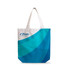 A velvet tote bag featuring a full-colour design in shades of blue with a logo. It has white handles.