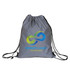 A grey reflective drawstring bag with a logo and coloured design. Features black drawstrings for closure.