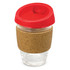 A drink bottle with a glass body, cork band, and red silicone lid, showcasing a modern and eco-friendly design.