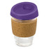 A drink bottle featuring a clear glass body, a cork band for grip, and a purple silicone lid.