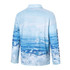A long-sleeve polo shirt in shades of blue, featuring a water-themed sublimated design and a logo on the sleeve.