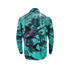 A teal and black men's polyester spandex pullover featuring a fish graphic and a logo on the back.
