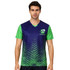 A unisex adult T-shirt featuring a blue body with green sleeves and a geometric design. It includes a logo.