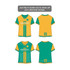 A reversible sports jersey featuring green and yellow designs, with a logo on it, shown from multiple angles.