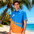 A men's 100% cotton button-up shirt in blue and orange, featuring a logo, set against a tropical beach background.
