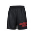 Black unisex running shorts made of 100% polyester, featuring a logo and abstract design.