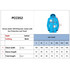 A blue unisex adult jacket made of 100% polyester, featuring sun protection and a hood, with a size chart included.