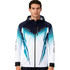 A men's hooded jacket in navy and white, featuring a blue gradient design and a logo on the chest.