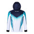 A hooded jacket in navy and white with turquoise graphic design, featuring a logo on the back.