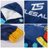 A unisex wearable blanket in navy with a hood and colourful polka dot design, featuring a plush absorbent lining.