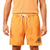 Men's orange polyester spandex swim shorts featuring a leaf pattern and a logo on the front.