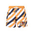 Bright orange, navy, and white striped board shorts with a drawstring, pocket, and a volleyball graphic. Features a logo.