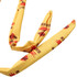 A yellow headband featuring palm trees and sunset designs, with a logo present on the fabric.