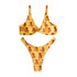 A yellow bikini bottom with a palm tree pattern and a logo. It features a high-cut design.