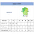 A size chart featuring dimensions for a unisex polo shirt in green and white with a logo.