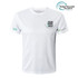A white round-collar tee shirt with a logo, made from recycled materials, featuring a minimalist design.
