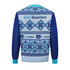 A blue and light blue unisex acrylic cotton jacquard sweater featuring a patterned design. It has a logo on the back.
