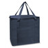 A navy cooler bag with dual handles and a zip closure, featuring a front pocket and a logo.