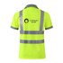 A bright yellow unisex polyester polo shirt featuring reflective stripes and a logo on the back.