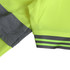 A bright yellow reflective polo shirt featuring grey accents and striped details on the sleeves. It has a logo.