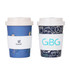 A reusable bamboo coffee cup set in blue and dark navy, featuring assorted designs and screw lids. Includes branding.