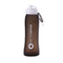 A drink bottle made of dark brown silicone with a white cap and a carabiner attachment. Features a logo.