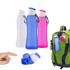 A drink bottle set featuring a white, blue, and pink collapsible silicone design with a logo and carabiner.