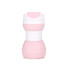 A drink bottle in pink and white, featuring a collapsible design for easy storage. It has a logo on the surface.