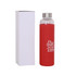 A drink bottle with a transparent glass body and a red silicone sleeve, featuring a stainless steel lid and a logo.