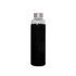 A drink bottle made of glass with a matte black silicone sleeve and stainless steel lid. Features a logo.