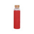 A drink bottle featuring a clear glass body, a bamboo lid, and a red silicone sleeve for grip.