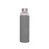 A drink bottle with a transparent glass body and a grey silicone sleeve, featuring a stainless steel lid.