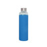 A drink bottle made of glass with a blue silicone sleeve and a stainless steel lid. It has a logo on the side.