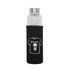 A drink bottle with a clear glass body, stainless steel lid, and black sleeve featuring a graphic design.