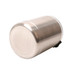 A drink bottle featuring a sleek stainless steel design, with a curved shape and a black lid.