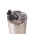 A drink bottle with a stainless steel body and a clear lid featuring a black opening mechanism.