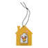 A yellow car air freshener shaped like a house, featuring an illustration of hands and a logo.