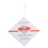 A square air freshener in white with red and grey puzzle design, featuring a hanging string and a logo.