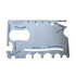 A stainless steel card-sized multi-tool featuring various functions, including a bottle opener and can opener.