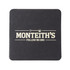 A square black cork coaster featuring a logo and text in a light colour.