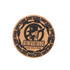 A cork coaster featuring a circular design with a logo in black against a natural cork background.