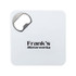 A drink bottle opener in a square white design featuring a metal opening tool and a logo.