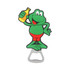 A green, cartoon frog bottle opener holding a yellow drink, with a stainless steel base and a playful design.