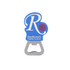 A drink bottle opener in a custom blue PVC shape with a silver metal base and a logo on the surface.