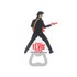 A drink bottle opener shaped like a guitarist silhouette, featuring red and black colours with a logo.